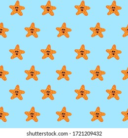
Pattern with cute orange starfish with eyes and mouth on a blue background.
