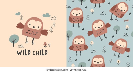 Сhildish pattern with cute owl, baby shower greeting card. Animal seamless background, cute vector texture for kids bedding, fabric, wallpaper, wrapping paper, textile, t-shirt print