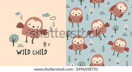 Сhildish pattern with cute owl, baby shower greeting card. Animal seamless background, cute vector texture for kids bedding, fabric, wallpaper, wrapping paper, textile, t-shirt print