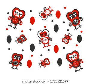 Pattern of cute owls and various elements in red and black in Scandinavian style.