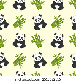 Muster mit niedlichem Panda und Bambus schießt Muster auf gelbem Hintergrund, Kinder lustigen Hintergrund für Textilien, Verpackung, Kulisse. Vektorgrafik