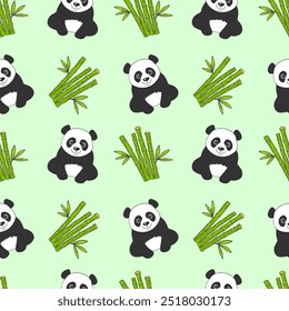 Pattern with cute panda and bamboo shoots pattern on green background, childrens funny background for textiles, packaging, backdrop. Vector illustration