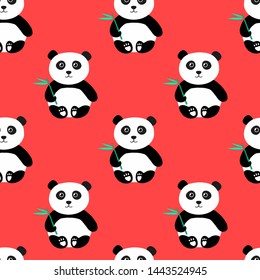 Pattern with a cute panda on a red background.