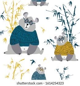 Pattern with cute panda in a warm sweater and bamboo leaves. Great for textiles. Vector illustration. Animal design.