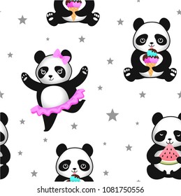 Pattern with cute pandas. Vector seamless texture.