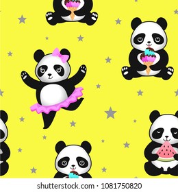 Pattern with cute pandas. Vector seamless texture.