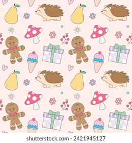 Сhildish pattern with cute pastel cream winter elements, baby shower greeting card. Animal seamless background, cute vector texture for kids bedding, fabric, wallpaper, wrapping paper, textile