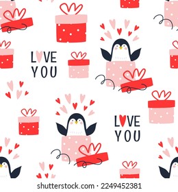 Pattern with cute penguins and gifts. Vector illustration for valentine's day.