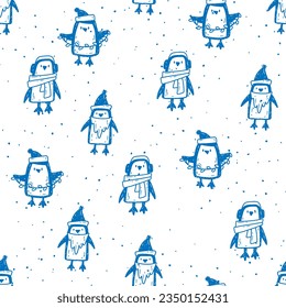 A pattern with cute penguins in linocut style. Seamless vector pattern with blue penguins on white background.