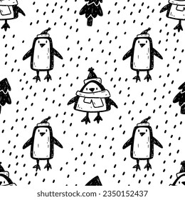 A pattern with cute penguins in linocut style. Seamless vector pattern with black penguins and Christmas trees on white background.