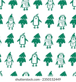 A pattern with cute penguins in linocut style. Seamless vector pattern with green penguins and Christmas trees on white background.