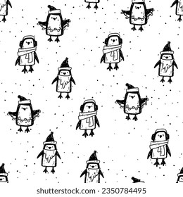 A pattern with cute penguins in linocut style. Seamless vector pattern with black penguins on white background.