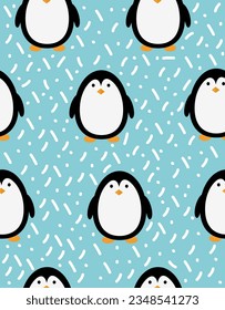 Pattern of cute penguins on a blue background.