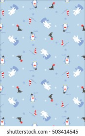 Pattern of cute penguins, seal and white bear on blue background