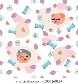 Pattern with cute pig, car, leaf vector illustration design style