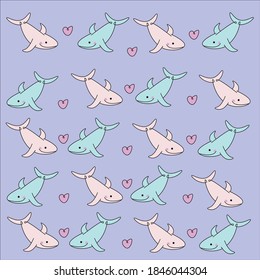 pattern of cute pink and blue whales with pink heart on a color background