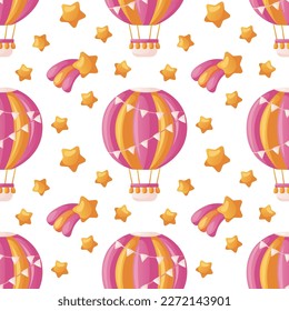 Pattern with cute pink baby’s hot air balloon with flying flags, falling star. Boho colorful aerostat for children, nursery. Baby shower invitation. It's a girl. Hello baby celebration, holiday, event