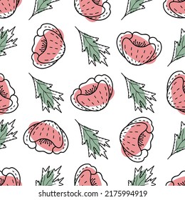 Pattern with cute pink poppies and green leaves on white background for the design of textiles, bed linen, child clothing, wrapping paper.