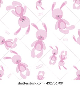 Pattern with cute pink rabbits. Perfect for baby bedding. Bunnies will create a cozy mood. Girls and boys will love these bunnies.
