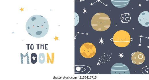 Pattern With Cute Planet In Outer Space. Scandinavian Astronomy Seamless Vector Print For Nursery And Kids Pajamas.
