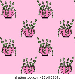 Pattern of cute plants in a flower pot on a pink background
