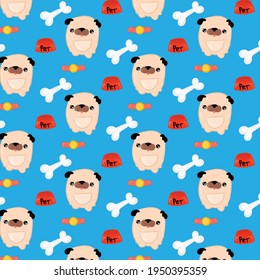Pattern with cute pug puppy, bone and plate