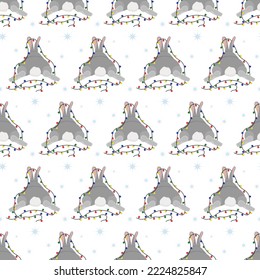 Pattern with a cute rabbit and a garland with multi-colored light bulbs. Vector. Christmas and New Year illustration. For the design of packaging, clothing, brochures and covers, cards and invitations