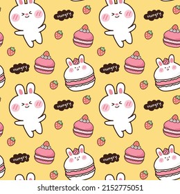 Pattern cute rabbit with macaron on yellow background.Dessert,animal,strawberry doodle.Image for card,poster,kid wear,web banner.Kawaii.Hand drawn.Vector.Illustration.