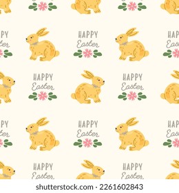 Pattern with cute rabbits, bunny or hare. Baby animals and Easter eggs print. Childish apparel print in pastel colors. Wrapping paper, greeting cards, textile design.