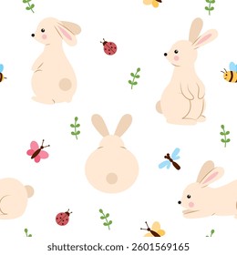 Pattern with cute rabbits on a white background. Rabbits with insects, butterflies. Background for fabric, children's clothing, wrapping paper.