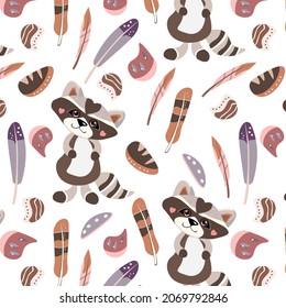 Pattern with a cute raccoon, feathers and pebbles, vector illustration for children, seamless texture. Print on fabric, paper, dishes.