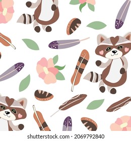 Pattern cute raccoon girl, feathers and pebbles, pink flowers. Vector illustration childrens theme, seamless texture. Print on fabric, paper, dishes.