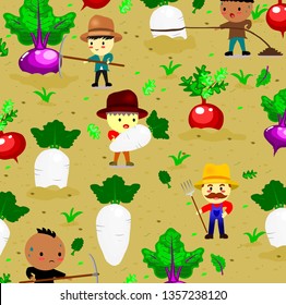 pattern with cute radish on field and farmer,vegetables and worker cartoon style,vector.	