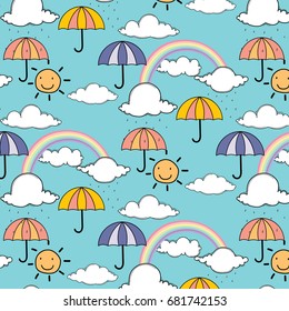 Pattern with cute rainbow and umbrella.