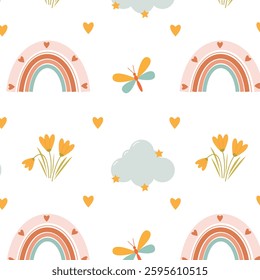 Pattern with cute rainbows, spring flowers and delicate blue clouds with stars