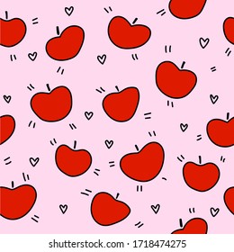 Pattern of cute red apples and black hearts in cartoon style. 