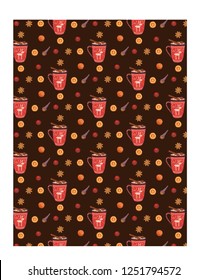 Pattern of cute red cups with uako on a dark background with small elements: star anise, red berries, orange. Vector set. Suitable for decoration design, packaging, cards.