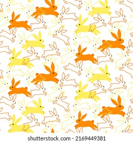 Pattern of cute red and yellow rabbits. Vector illustration. For childrens clothing, fabrics and packaging, prints and covers, decorative items.