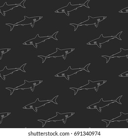 pattern with cute sharks on dark background