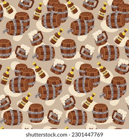 A pattern of cute simple handmade illustrations and seamless paintings. Wooden barrels, mugs and a glass bottle with beer. Oktoberfest, party, beer bar. Endless funny vector illustration with spots