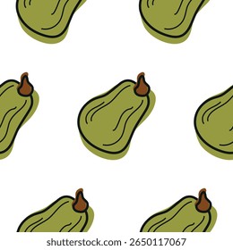 pattern with cute simple icon of long, green pumpkin in cartoon doodle style, for autumn holidays, advertising and seasonal packaging