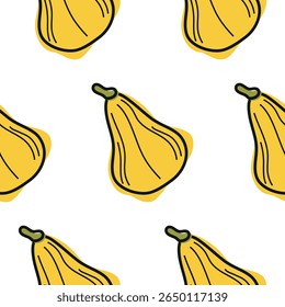 pattern with cute simple icon of long, yellow pumpkin in cartoon doodle style, for autumn holidays, advertising and seasonal packaging