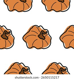 pattern with cute simple icon of round bright orange pumpkin in cartoon doodle style, for autumn holidays, advertising and seasonal packaging