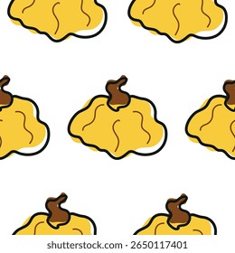 pattern with cute simple icon of round, yellow pumpkin in cartoon doodle style, for autumn holidays, advertising and seasonal packaging