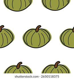 pattern with cute simple icon of round, green pumpkin in cartoon doodle style, for autumn holidays, advertising and seasonal packaging