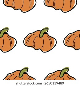 pattern with a cute simple icon of a round bright orange pumpkin with a green tail in a cartoon doodle style, for autumn holidays, advertising and seasonal packaging