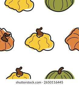 pattern of cute simple icons of various pumpkins of round shape and various colors, for autumn holidays, advertising and seasonal packaging
