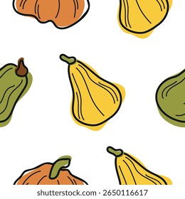 pattern of cute simple icons of various pumpkins of different shapes and colors, for autumn holidays, advertising and seasonal packaging