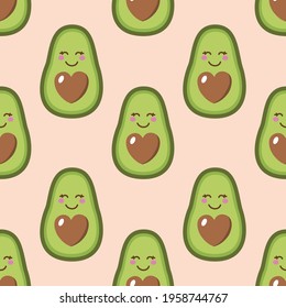 a pattern with cute smiling avocados and a heart-shaped bone. on a beige background. cute avocado cartoon. it can be used for packaging paper, wrapping paper, textiles, printing on notebooks, albums, 