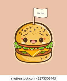 Pattern with Сartoon cute smiling Burger with mock-up flag for your text. Perfect content for wallpaper, postcards, posters, fabric, napkins and other creative projects. American BBQ Burger. 